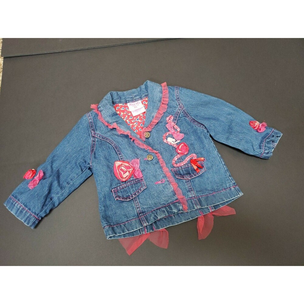 Girls Beetle London 18 month Jean jacket buttons up front sheer lace pink trim
